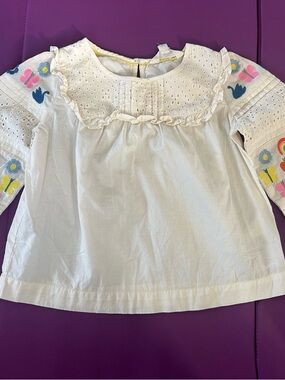 Mini Boden cream Eyelet Blouse with Colorful Embroidered Sleeves